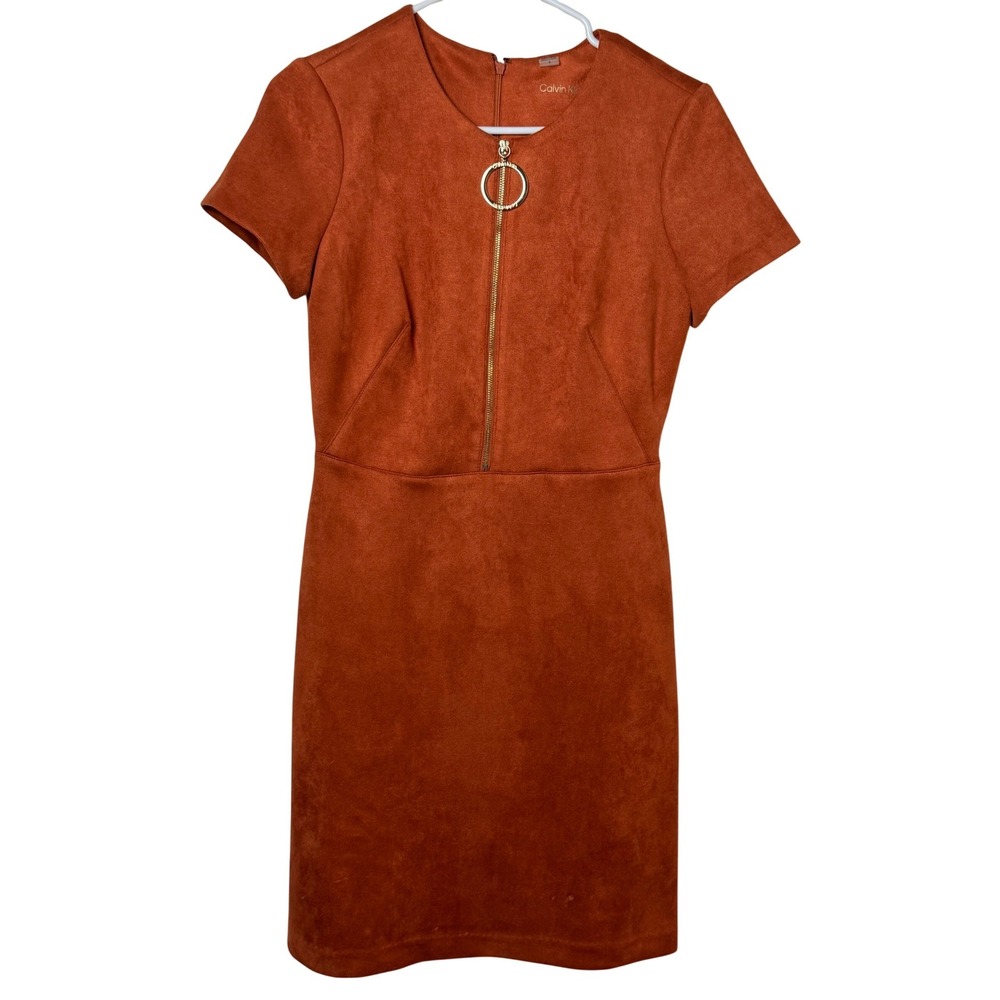 Calvin Klein Sheath Dress Rust Orange Women 4 Gold Faux Suede Ring‎ Pull Zipper